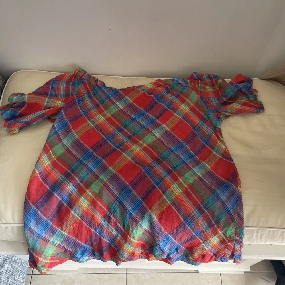 $80 LAUREN Ralph Lauren Plaid Madras  Crinkle Cotton Off Shoulder Top L - Picture 8 of 9